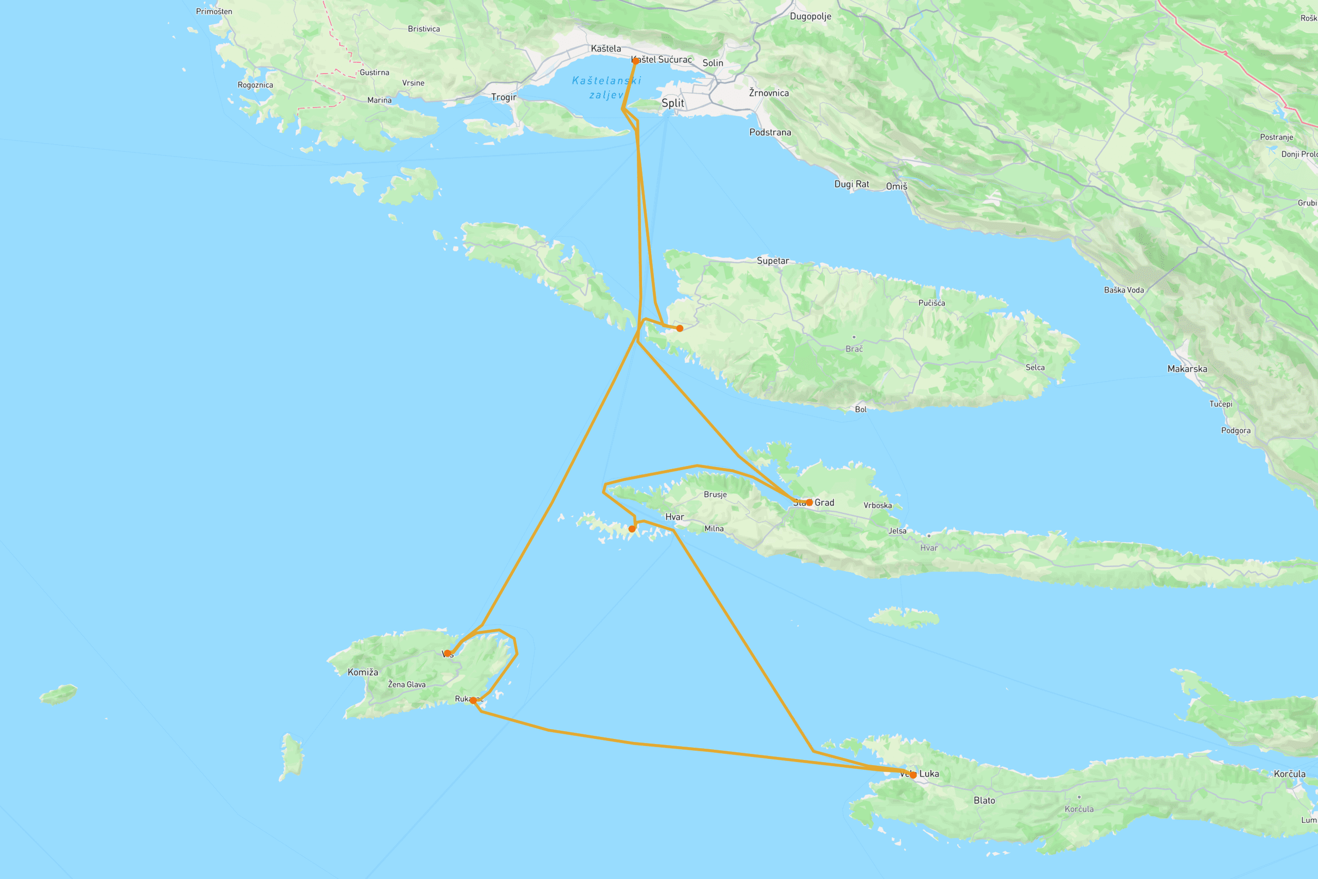 Sailing route map of the Classic Islands Loop — Vis, Korčula and Hvar from Marina Kaštela, Split