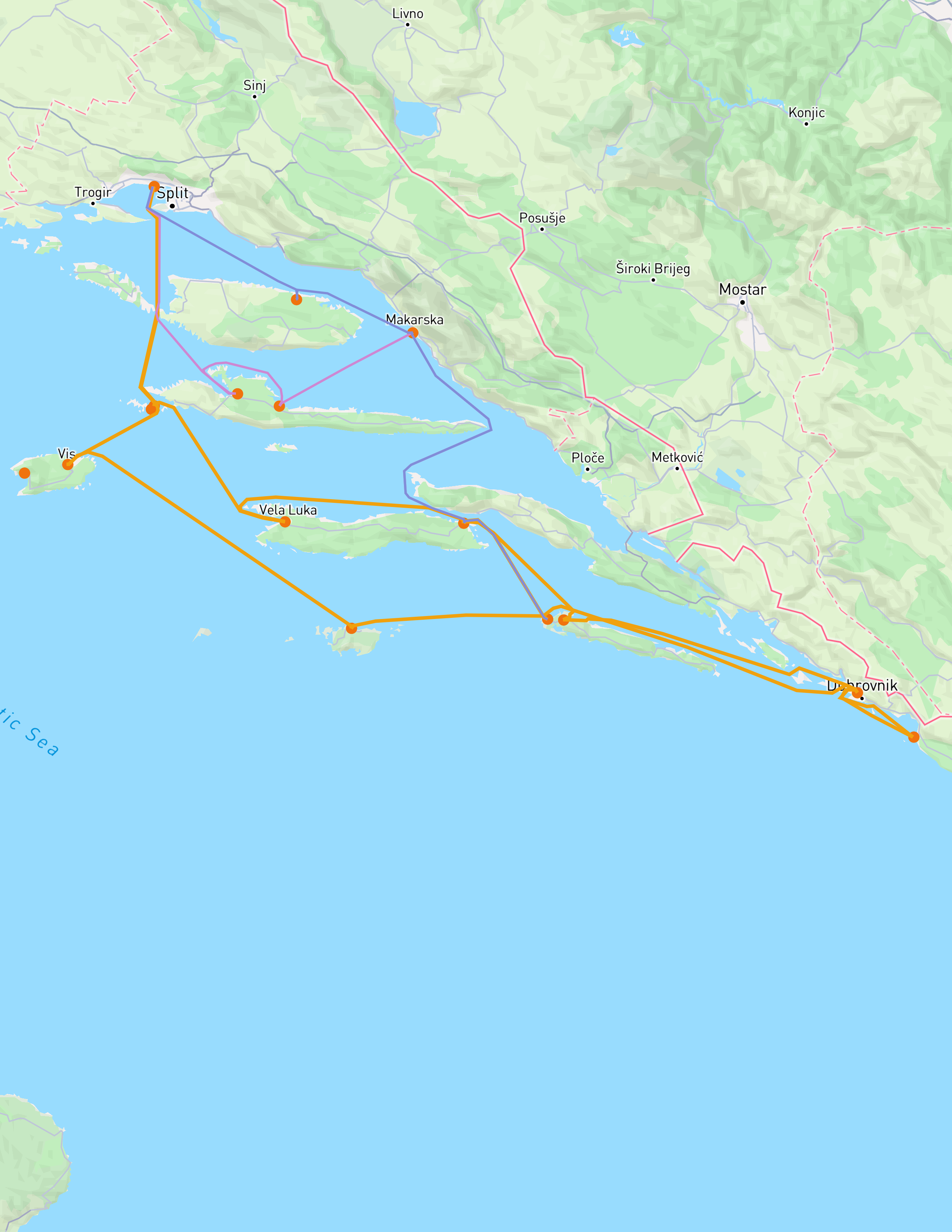 Sailing route map — Dubrovnik Crown Route, from Marina Kaštela via Palmižana, Korčula, Mljet, Dubrovnik, Lastovo and Vis