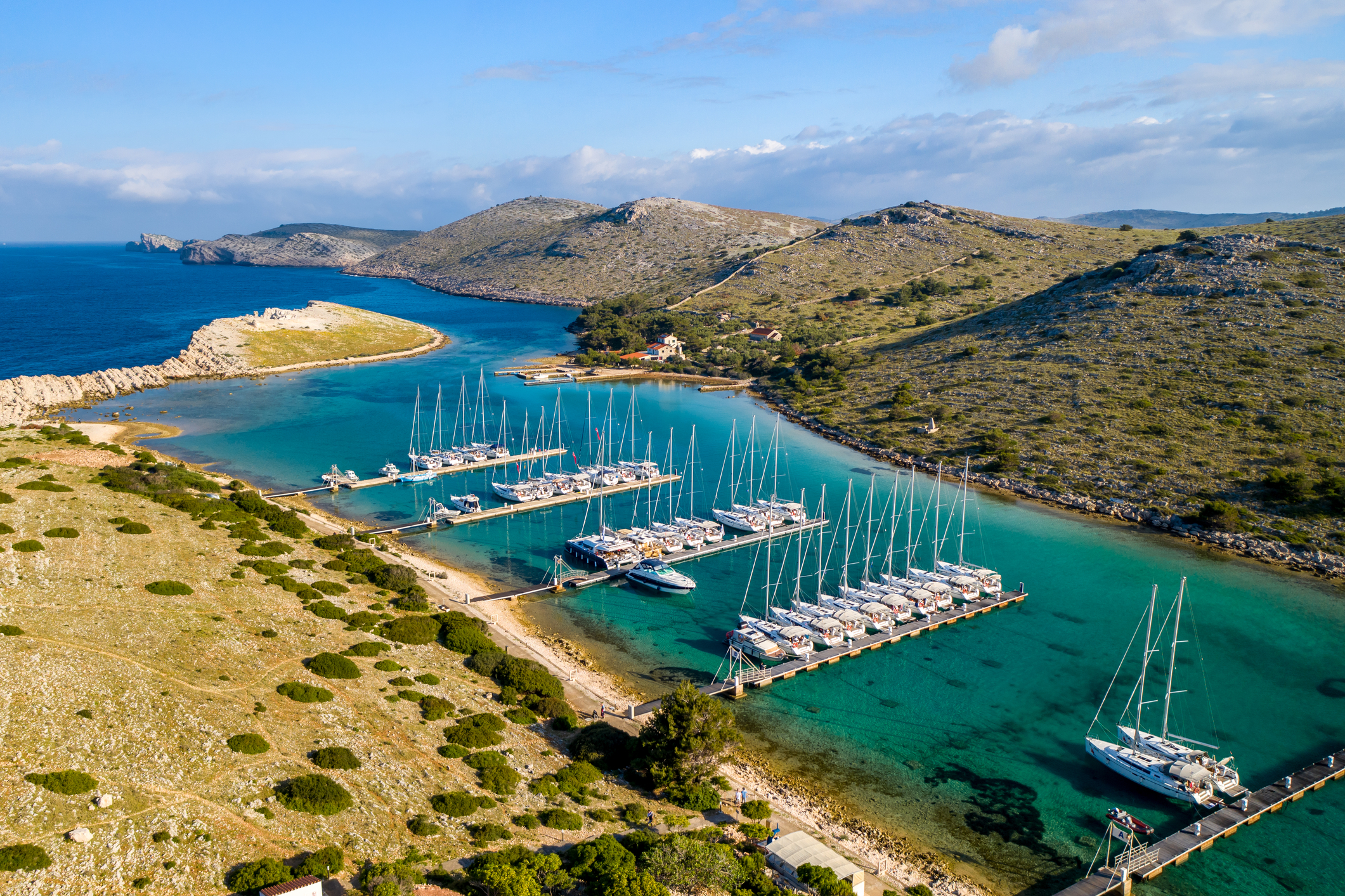 ACI Piškera marina at sunset, Kornati National Park — final evening inside the park on the Kornati Island Sailing route