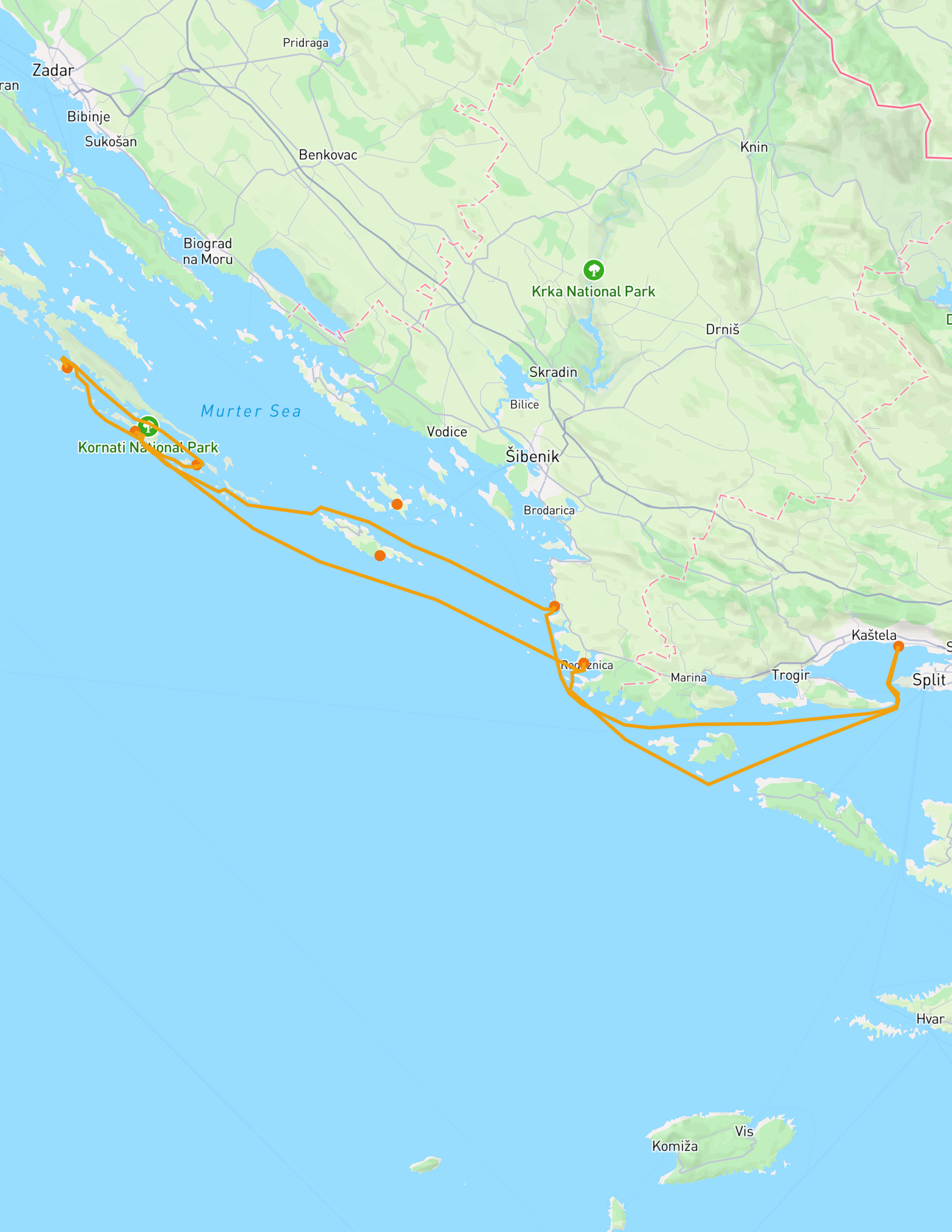 Sailing route map of the Kornati Island Sailing route — Rogoznica, ACI Piškera, Ravni Žakan, Levrnaka and Primošten from Marina Kaštela, Split