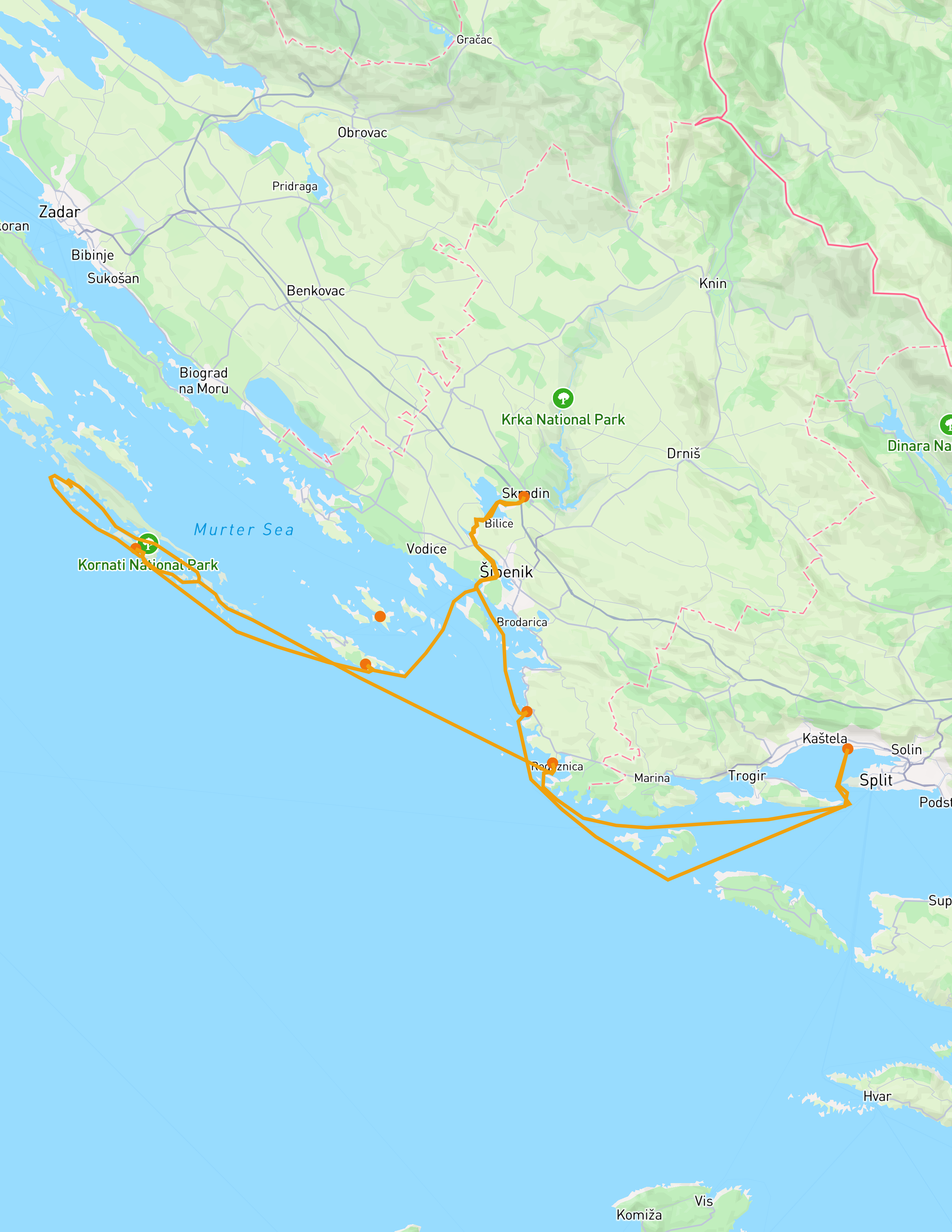 Sailing route map of the Krka & Kornati Highlights — Primošten, Skradin, Kornati and Rogoznica from Marina Kaštela, Split