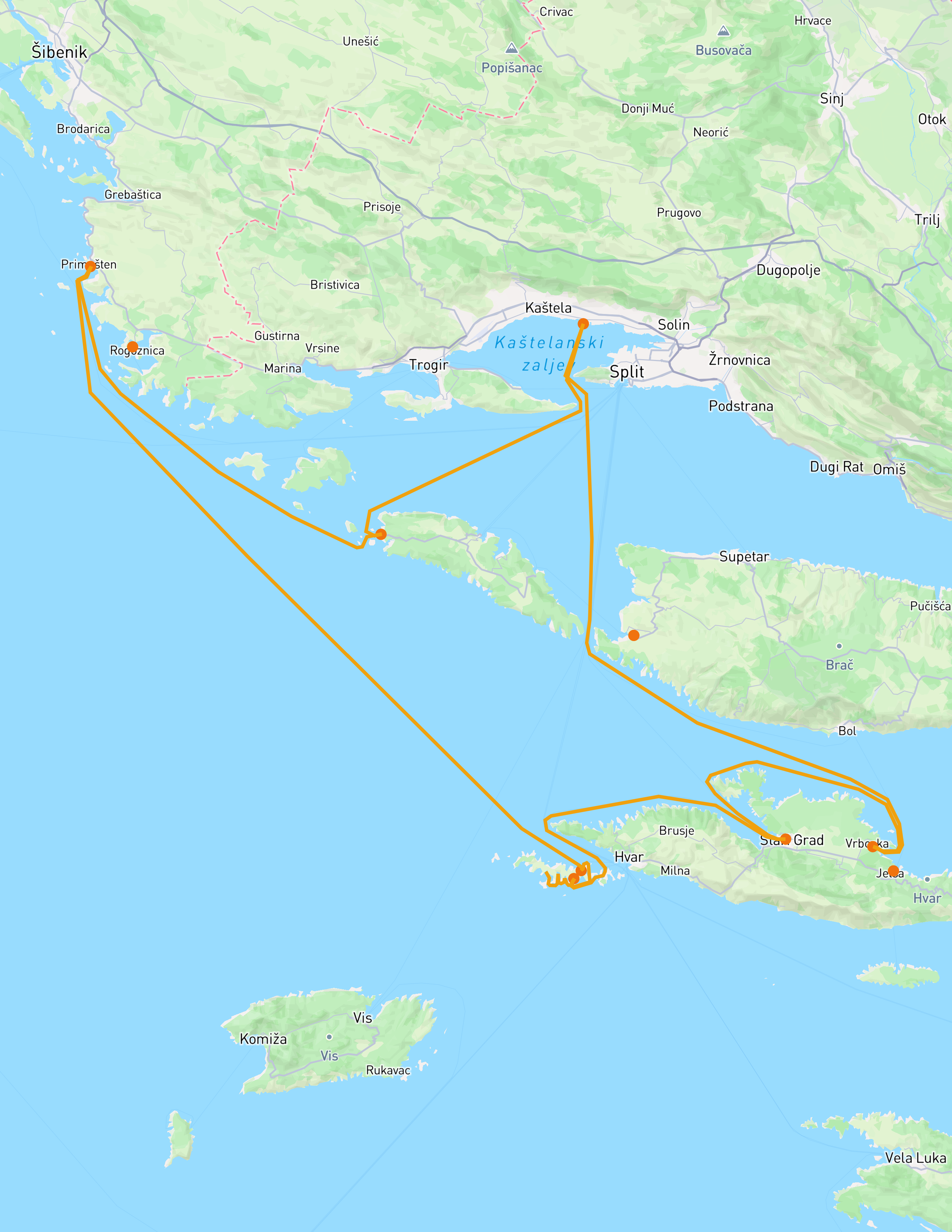 Sailing route map — Coastal Gems & Pakleni Nights, from Marina Kaštela via Maslinica, Primošten, Palmižana, Stari Grad and Vrboska